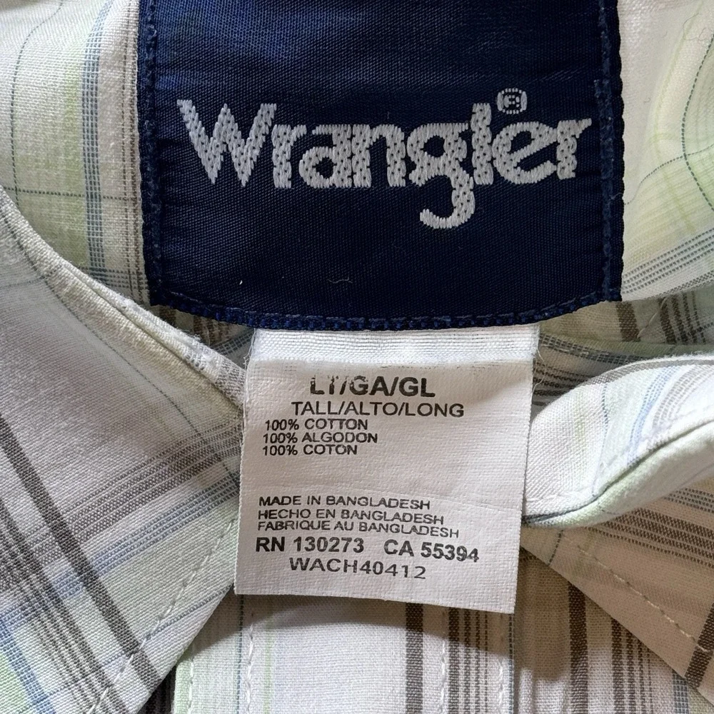Wrangler Shirt Mens Large Tall Green Striped Western Pearl Snaps Short Sleeve